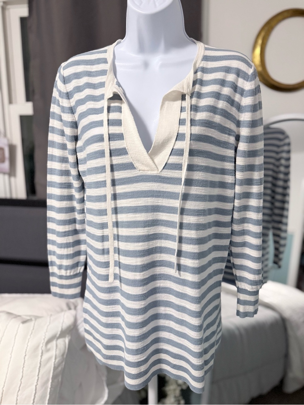 LOFT Striped Knit Top - Light Blue & Cream